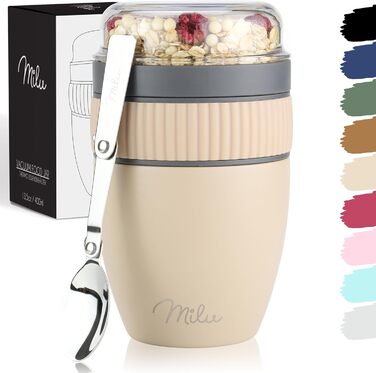 Стаканчик для пластівців Milu на винос 400 мл з назвою MsliMax для йогурту герметичний стаканчик з ложкою (бежевий, нержавіюча сталь)