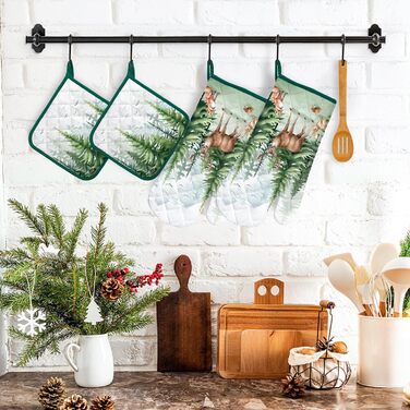 Набір з 2 кухонних рукавиць Arquiel з тримачем для каструлі Gnome Autumn Orange Checked, 100 бавовняні кулінарні рукавички, термостійкі кухонні рукавички для приготування їжі, осінній декор, подарунки для жінок (лісові тварини, 2 кухонні рукавички 2 трима