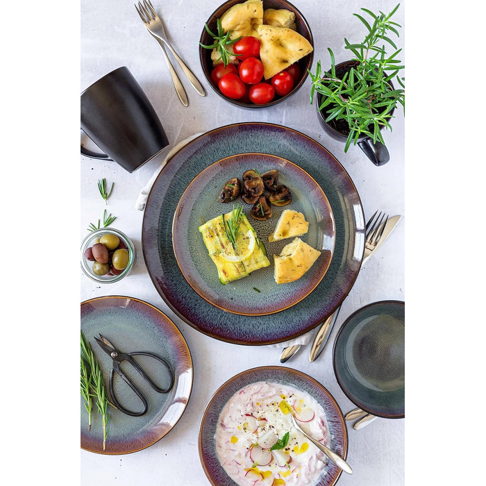 Керамічний набір посуду на 4 персони із зелено-коричневою реактивною глазур'ю, комбінований сервіз із 20 предметів у сучасних стриманих формах купе, керамограніт (обідня тарілка), 934100 Series Teona