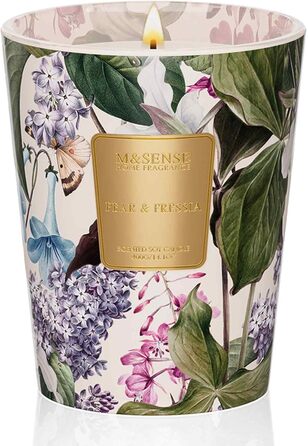 Надзвичайно велика ароматична свічка M&SENSE, час горіння 150 годин, натуральна ароматерапевтична свічка з 3 гнітами, сильний аромат, тривале горіння, подарункова свічка та прикраса для дому, подарунки для жінок (400 г, груша фрезія)