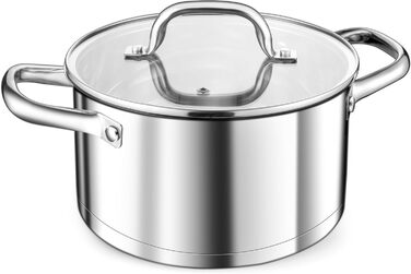 Велика каструля TEAMFAR, каструля з нержавіючої сталі, індукційна каструля, скляна кришка, 3-шарове дно для всіх типів плит, каструля для пасти 26 см, каструля для м&39яса, без покриття та нетоксична, можна мити в посудомийній машині (3,8 літра)