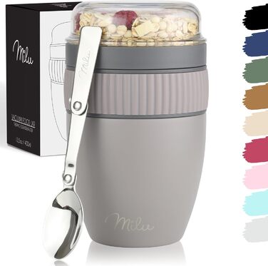 Стаканчик для пластівців Milu на винос 400 мл з назвою MsliMax для йогурту герметичний стаканчик з ложкою (сіро-коричневий, нержавіюча сталь)