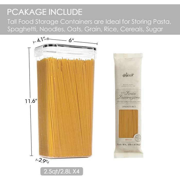 Набор банок для хранения Vtopmart 0,8 л, банки для мюсли и банки для хранения пищевых продуктов, пластик без бисфенола А, герметичный контейнер для сухих продуктов, набор из 12, 24 этикеток для зерна, муки, сахара (черный) (2,8 л * 4)