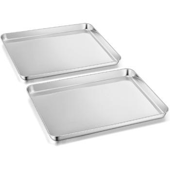 Набір деко Herogo з 2 шт. , деко з нержавіючої сталі, велике прямокутне деко для духовки Деко для торта Жирна форма для випічки, приготування їжі, дзеркальна обробка та нетоксичний, можна мити в посудомийній машині, сріблястий (31,4x24,6x2,5 см) Дзеркальн
