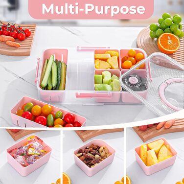Коробка для снеків Luxear з 14 відділеннями, тарілка для снеків з кришкою та ручкою, багаторазова миска для снеків для дітей, органайзер для снеків, горіхів, фруктів, спецій, для вечірки-пікніка, можна мити в посудомийній машині, білий (рожевий, 2 комплек