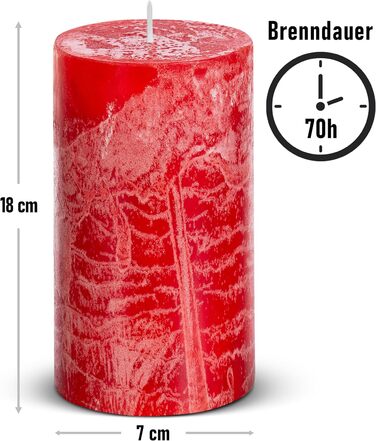 Набір із 4 свічок-стійок Brandsseller 7 x 10 см Однотонні та виготовлені з парафіну Сільські свічки з тривалим часом горіння Декоративні свічки для прикраси столу, Різдва та вечірок (7 x 18 см Набір із 4 шт. , червоні)