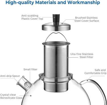 Скляний чайник з фільтром для чаю 1,5 л сріблястий ecooe
