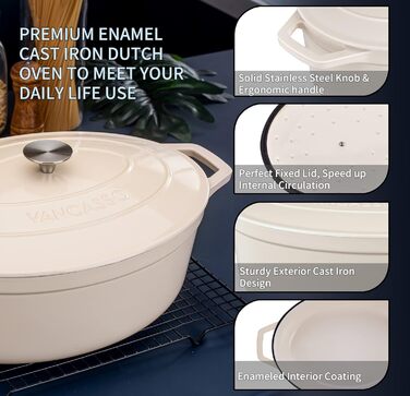 Чавунна сковорода Vancasso, чавунна каструля з кришкою, емальоване покриття об&39ємом 5 л, індукційна запіканка, каструля, чавунна сковорода для всіх типів плит, підходить для індукції, кругла, кремово-біла, 5 л біла (білий, 37 см)