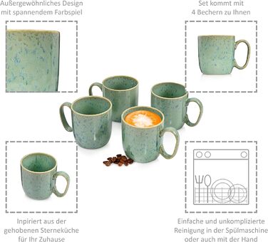 СПІВАЧКА Набір кавових чашок з блюдцем Maya 8 шт. , кавовий сервіз на 4 особи, набір фаянсових чашок м'ятно-зелений з синім градієнтом, кавовий посуд сучасний & можна мити в посудомийній машині 230 мл (кавова кружка 4 шт.)