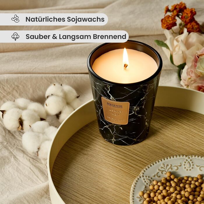 Велика ароматична свічка M&SENSE Чорні ароматичні свічки у склянці Ароматизована свічка з натурального соєвого воску Розслаблююча ароматерапія Подарунок для жінок та чоловіків, Різдво Час горіння 75 годин та 2 ґноти (Leather Night, 400 г)