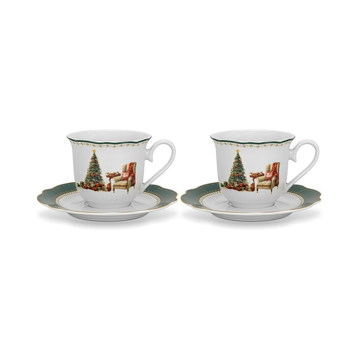 Набір з 2-х кухлів Fissman 250 мл CHRISTMAS EVE з блюдцями порцеляна (13760)