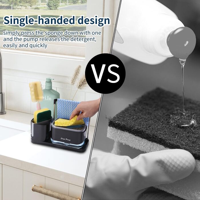 Кухонний набір з дозатором рідини для миття посуду, дозатор мила кухонний з лотком і тримачем для губки, засіб для миття багаторазового використання, підходить для кухонної мийки (кухонний набір з дозатором рідини для миття посуду)