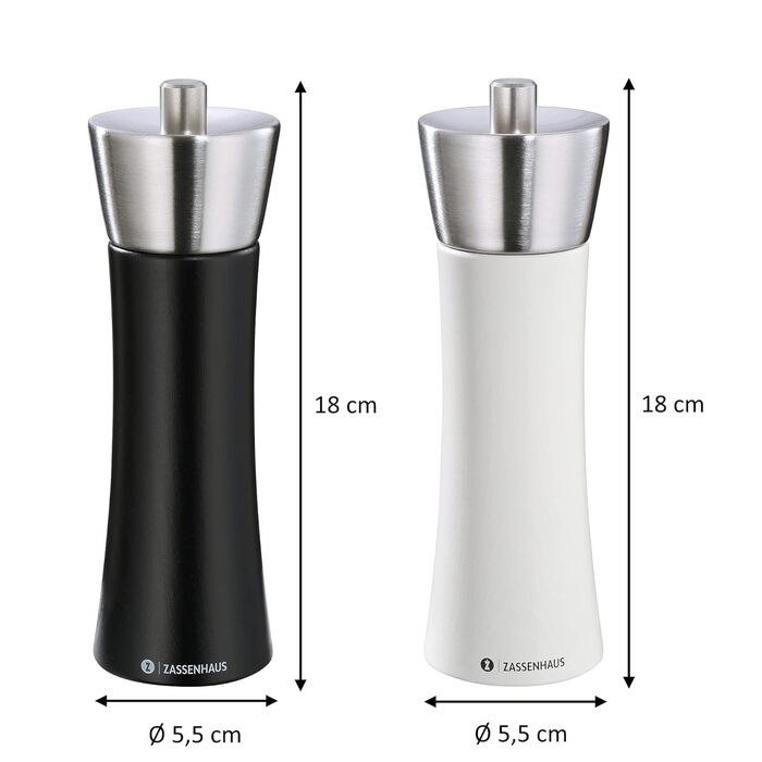 Набір млинів Zassenhaus AUGSBURG Букова деревина Подарунковий набір Чорно-біле Головка млина з нержавіючої сталі з плавним регулюванням керамічної шліфувальної машини Млини для спецій з наповнювачем Ø 5,5 см, H 18 см