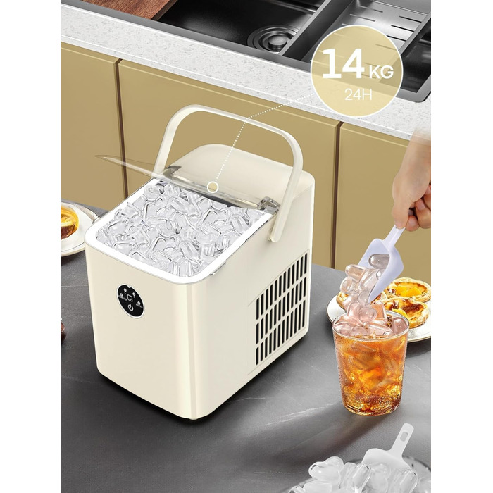 Льодогенератор FOHERE 14 кг 24 години, 8 кубиків льоду за 6 хвилин, 2 розміри кубиків льоду, самоочисний льодогенератор з ручкою, льодосборником та кошиком, льодогенератор для вечірки, офісу, автофургона (білий)