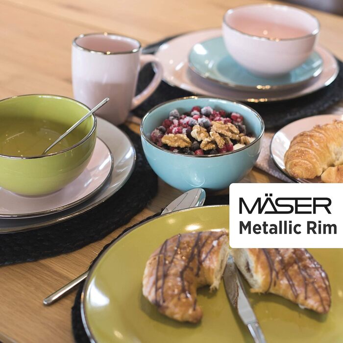 Сучасний набір посуду на 4 особи з обідком латунного кольору, комбінований набір, керамограніт, 16 предметів, світло-блакитний MÄSER
