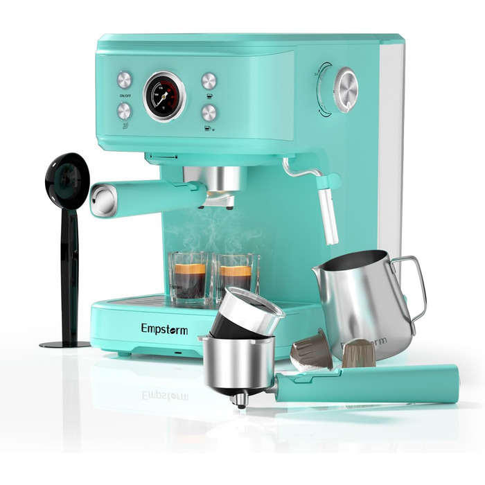 Кавомашина Empstorm Espresso Portafilter з піноутворювачем для молока, еспресо-машина 20 бар з портафільтром, еспресо-машина 2 в 1 для порошку та капсул, резервуар для води 1,5 л, кавоварка з портафільтром, білий (світло-блакитний)