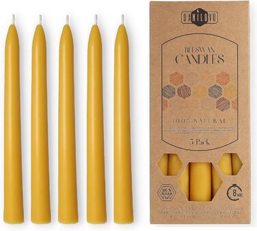 Набір з 5 конічних свічок 2 х 20 см з бджолиного воску, жовтий Danilovo