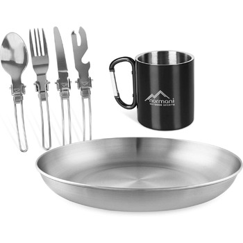 Набір вуличного посуду Normani, що складається з тарілки, чашки та столових приборів із 5 предметів із відкривачкою для пляшок із нержавіючої сталі - вуличний, кемпінговий, туристичний (чорний)