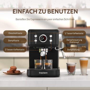Кавомашина Empstorm з портафільтром для еспресо та піноутворювачем, еспресо-машина на 20 барів з портафільтром, еспресо-машина 2 в 1 для порошку та капсул, резервуар для води 1,5 л, кавоварка з портафільтром, білий (чорний)
