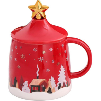 Рождественская кофейная кружка 400 мл с крышкой и палочкой для помешивания, красный SuperglockT