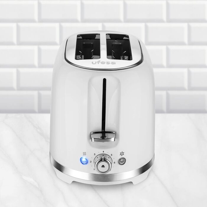 Тостер Ufesa 2 скибочки білий ретро класичний пінап, вінтажний дизайн, 850 Вт, бутербродниця з 2 дуже широкими слотами, для всіх видів хліба, 7 ступенів підрум'янювання, збірник кабелю, лоток для крихт