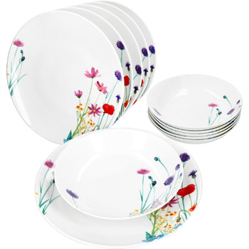 Обідний сервіз MamboCat Marie на 12 предметів I Порцеляновий посуд з декором квіткової галявини на 6 персон I 6 шт. супових та 6 шт. обідніх тарілок на сніданок, обід і вечерю
