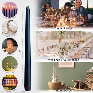 Набір свічок DECO EXPRESS Taper з 6, 10, 15 або 50 шт. , тривалий час горіння до 8 годин, без запаху (сині, набір з 15 шт. )