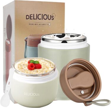 Стаканчик для пластівців Chedin з кришкою, стаканчик для каші з нержавіючої сталі 730 мл, герметичний стаканчик для йогурту з ложкою та кришкою, двошарові герметичні банки для консервування, ідеально підходять для роботи (зелені)