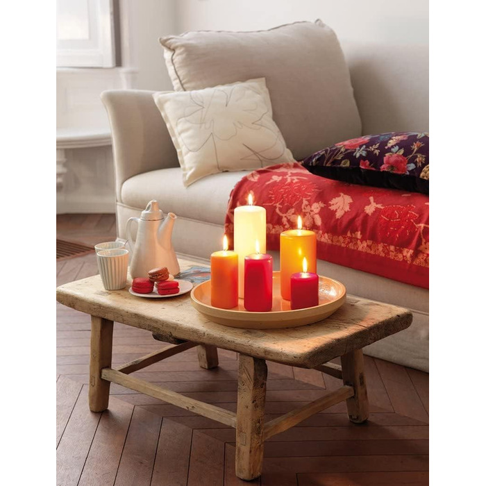 Свічки Bolsius Rustic Pillar - Металік, що згасає - Рожевий та червоний - Упаковка з 4 шт. - Тривалий час горіння 60 годин - Без запаху - Містить натуральний рослинний віск - Без пальмової олії - 13 x 7 см (6 x 6 x 15 см, Червоний)