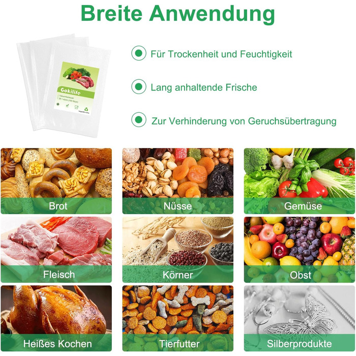 Вакуумні пакети Gokilife - 100 пакетів 15x20 см, стійкі до розривів, приблизно 450 мкм, вакуумна плівка для всіх вакуумних пакувальників та вакуумних пакувальників харчових продуктів, професійні фольговані пакети без бісфенолу А, пакети для кип&39ятіння т