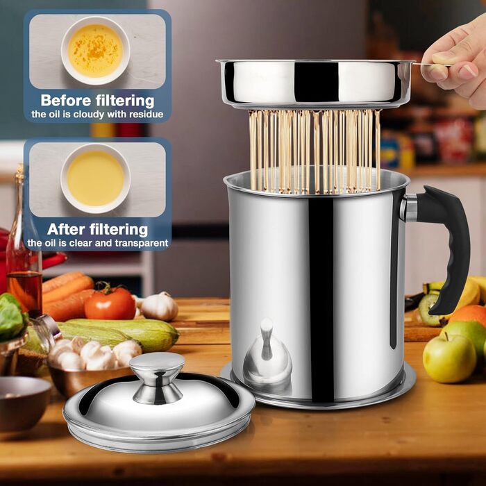 Контейнер для отбора масла 2 л с крышкой, нержавеющая сталь Cyiecweu