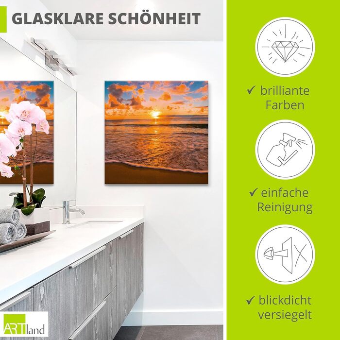 Настінний декор ARTland скляні картини настінна картина скляна картина цільна 40x40 см квадрат пляж море сонце Кариби природа пейзаж узбережжя схід сонця морський S7LE (Тропічний пляж, 20Д x 20Ш см)