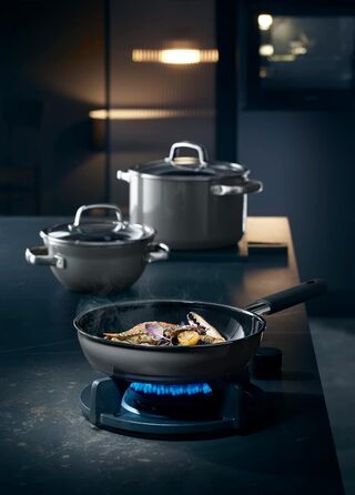 Індукційна мінеральна сковорода WMF Fusiontec 28 см, з ручкою, високотехнологічна кераміка, знімне термозахисне силіконове покриття, стійке до подряпин, (сіра, 24 см)