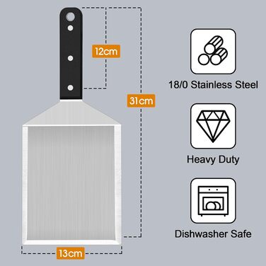 Лопатка для бургерів Herogo, нержавіюча сталь, велика металева лопатка зі скошеними краями, зламаний фліппер для бургерів Лопатка для гриля для перевертача барбекю, міцна та міцна ручка, включаючи S-подібний гачок, 31 x 13 см