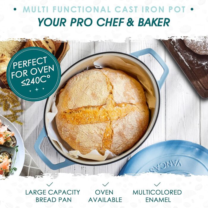 Чавунна овальна емальована каструля 6 л з кришкою, 30 x 13 см, синій vancasso