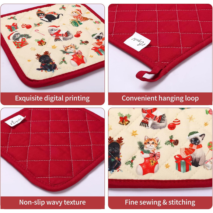 Набір з 2 різдвяних рукавичок для духовки та прихваток Arquiel, 100 бавовняні кулінарні рукавички, термостійкі кухонні рукавички для приготування їжі, різдвяний декор для кухні, подарунки для жінок (різдвяна ялинка 02, рукавички для духовки*2 прихватки*2)