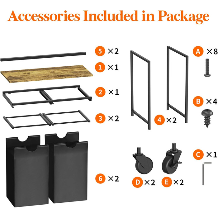 Сворачиваемая корзина для белья Lifewit, 95 л 2 выдвижные корзины для белья с верхней полкой и 2 семными сумками и ручками, сортировщик белья для прачечной, спальни, ванной комнаты и общего номера, черный 76x33,5x78 см Деревенский коричневый черный