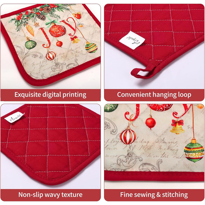 Набір з 2 різдвяних рукавичок для духовки та прихваток Arquiel, 100 бавовняні кулінарні рукавички, термостійкі кухонні рукавички для приготування їжі, різдвяний декор для кухні, подарунки для жінок (різдвяна ялинка 01, рукавички для духовки*2 прихватки*2)