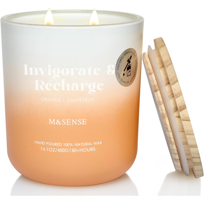 Ароматичні свічки M&SENSE Сосна та кедр у банці, велика соєва свічка 400 г з двома гнітами, час горіння 80 годин, ароматерапевтична свічка для йоги, спа та медитації. Подарунок для дівчини, дружини або матері. Сосна та кедр (апельсин та грейпфрут)