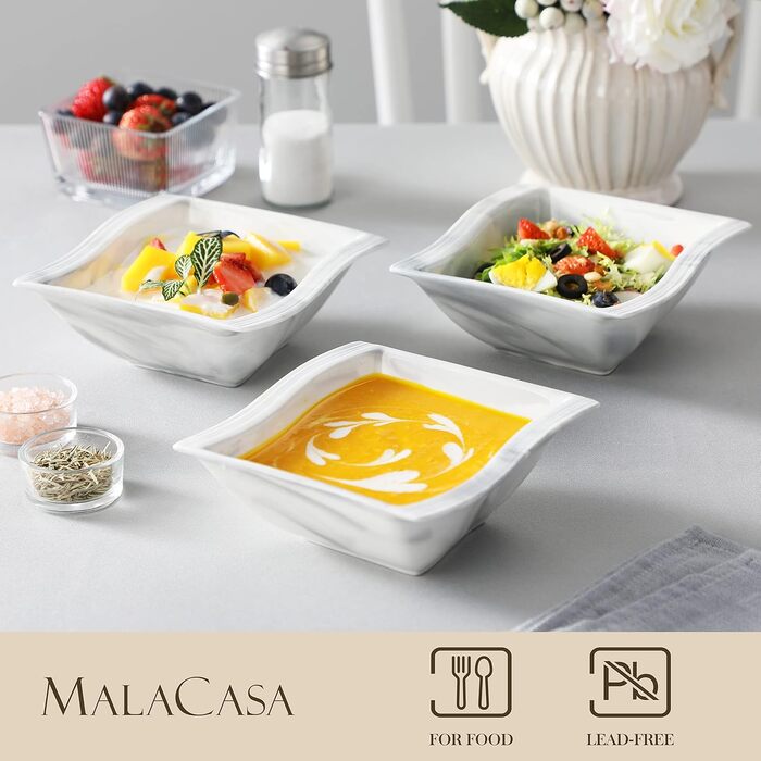 Серія FLORA, набір з 6 порцелянових креманки для каш, миски для рису 450 мл, закусочної миски, десертної миски для салату, супів, рамен, фруктів і т.д. 13,5x13,5x5,4 см (сірий, 6 шт. салатник)