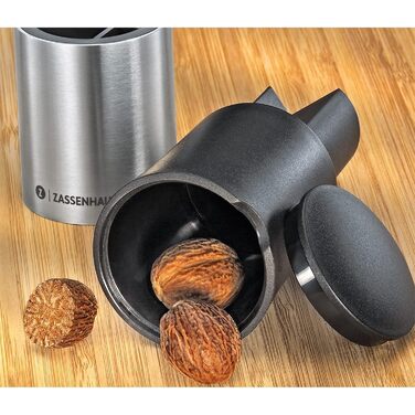 Дует млина для мускатного горіха та спецій, нержавіюча сталь і пластик, чорно-сріблястий, млин для перцю, розміри 5 см x 5 см x 11 см, млин для чилі, млин для мускатного горіха