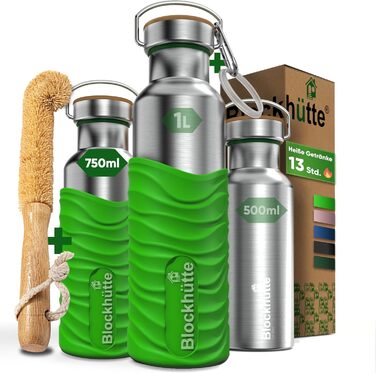 Ізольована пляшка для пиття преміум-класу з нержавіючої сталі 1л з натуральною щетиною Герметична ізольована пляшка Ізольована пляшка для університету, офісу, яку можна мити в посудомийній машині Без BPA (токсичний зелений)