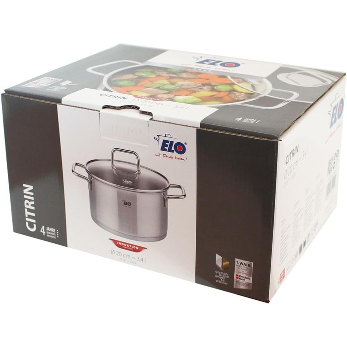 Каструля 3,4 л з нержавіючої сталі зі скляною кришкою 20 см Citrin Elo