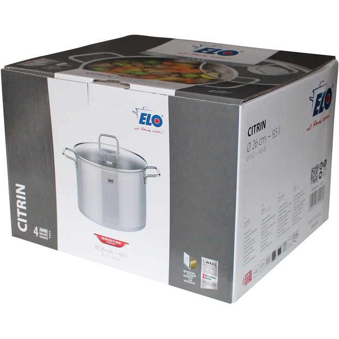 Каструля з нержавіючої сталі Elo 7242026, діаметр 20 см, каструля та скляна кришка, підходить для всіх типів плит, нержавіюча сталь, скло, 20 см, сіра каструля ø 20 см (каструля ø 26 см)