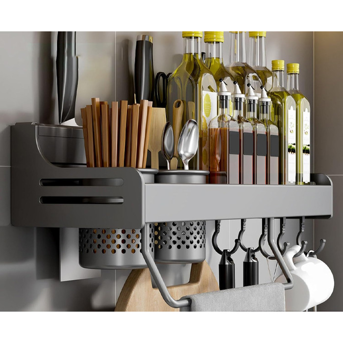 Підвісна підставка для спецій з металу, міцна кухонна полиця, настінна підставка для спецій, органайзер для спецій, кухонний органайзер, підставка для спецій з тримачем для рушників, Daojai, гачки та тримач для столових приборів, сіра, (40 см, сіро-сірий)