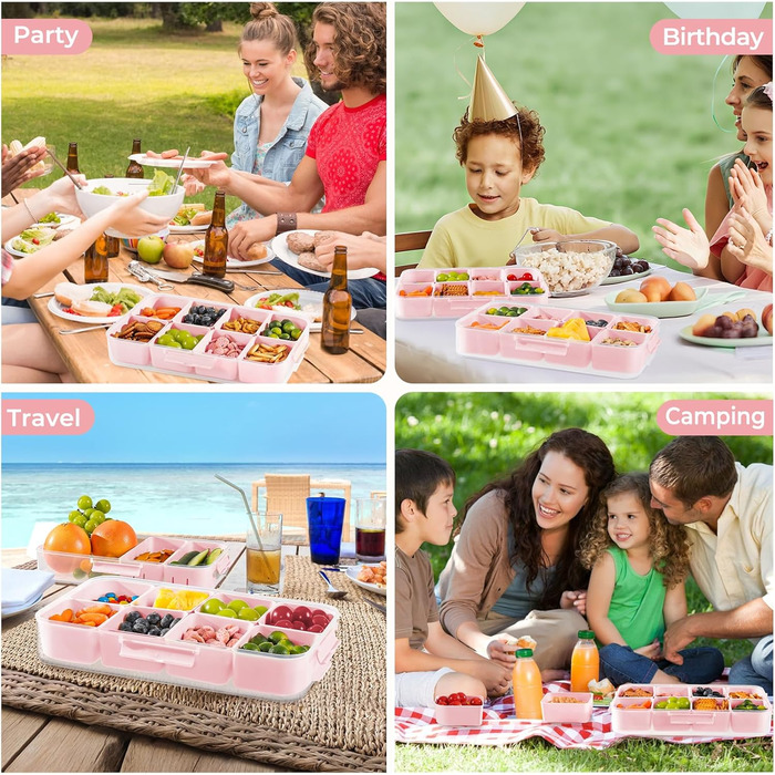 Коробка для снеків Luxear з 14 відділеннями, тарілка для снеків з кришкою та ручкою, багаторазова миска для снеків для дітей, органайзер для снеків, горіхів, фруктів, спецій, для пікніка на вечірці, можна мити в посудомийній машині, білий (рожевий, 1 комп