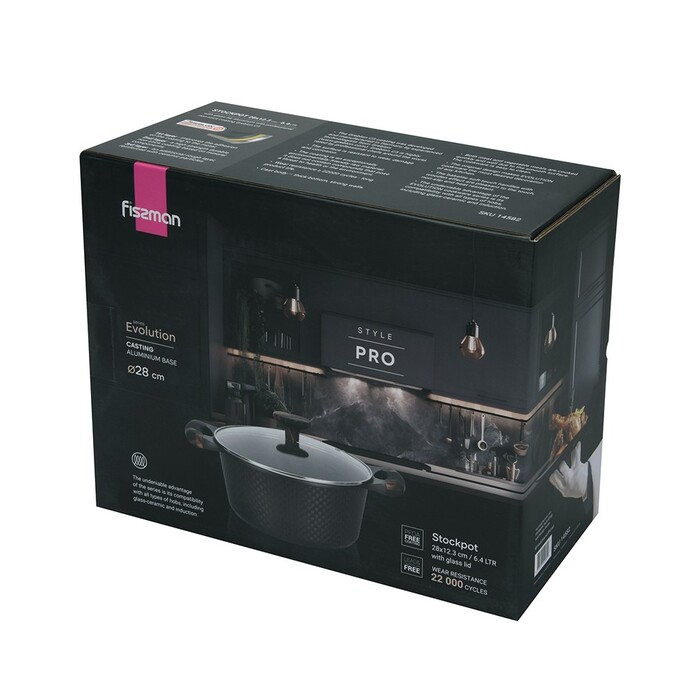 Кастрюля Fissman 28x12,3 см/6,4 л EVOLUTION со стеклянной крышкой литой алюминий с антипригарным покрытием (14582)