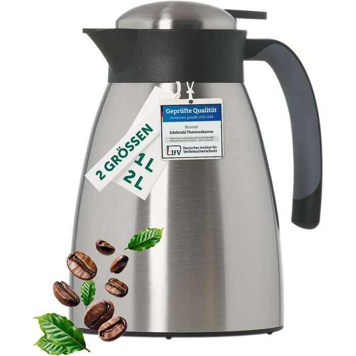 Термос Blumtal 2 літри - Чайник без бісфенолу А з кришкою швидкого наповнення - Термокавник для тривалої ізоляції, що герметично захищає від протікання - Ізольований глечик 2 л - Термос 2 л - Чайник, термосріблястий (сталь - срібло, 1000 мл)