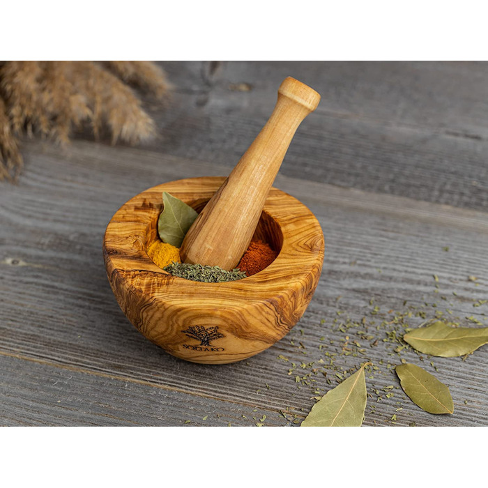 Оливковая ступка и набор пестиков - Ступка - Деревянная ступка - Экологичная ступка для трав и специй Диаметр ок. 12 см (в расплющенном виде Ø 14 см)