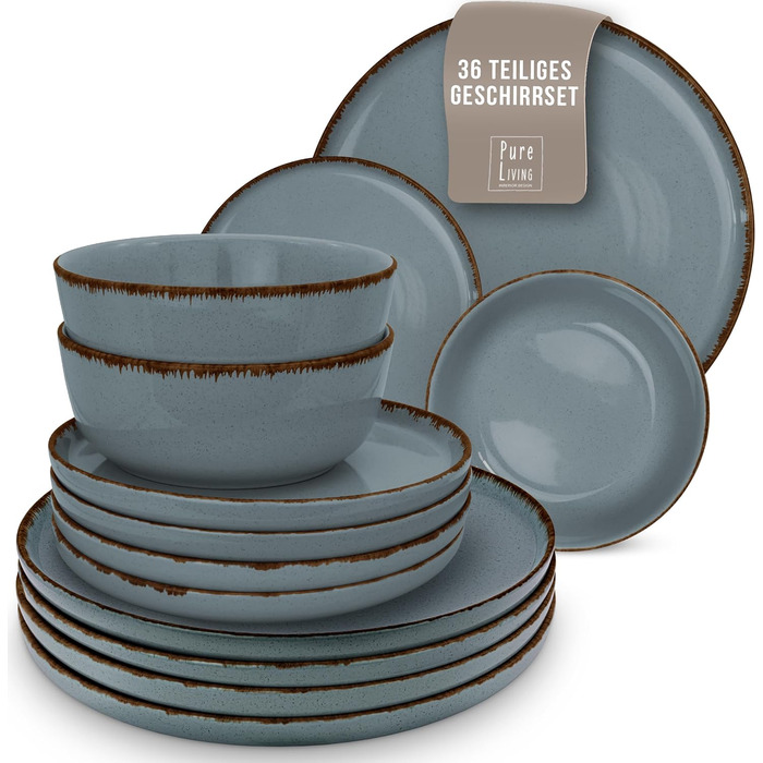 Набор посуды из керамогранита на 6 персон рустик 24 предм. - Набор посуды в деревенском стиле, можно мыть в посудомоечной машине - Набор мисок и тарелок - Посуда Pure Living (набор из 36 предметов, дымчато-синий)